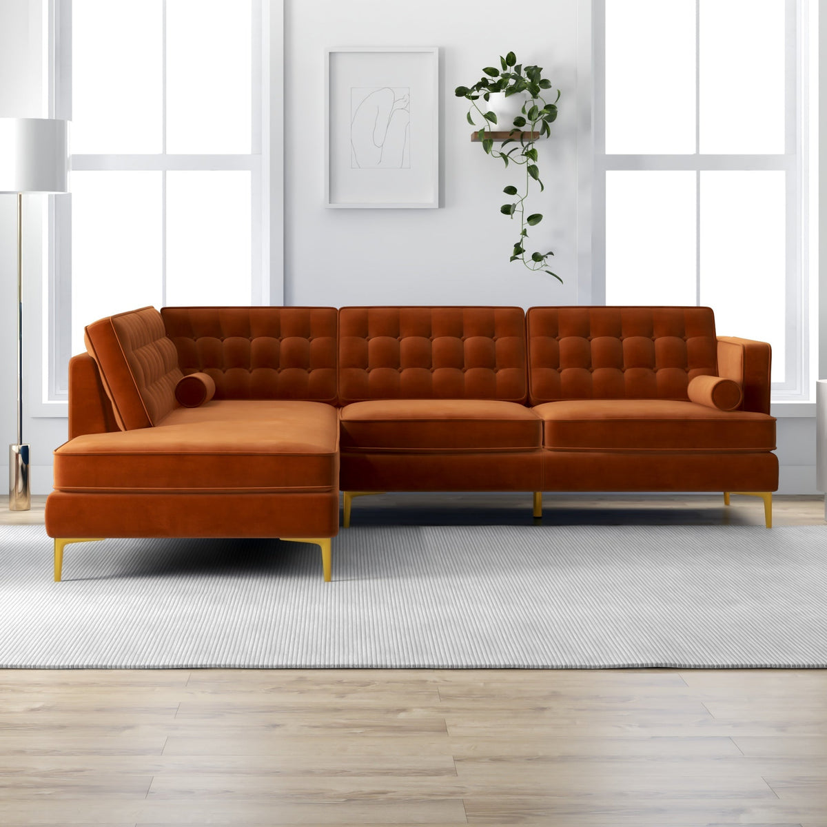 Caleb Sectional Sofa (Burnt Orange Velvet) Left Chaise