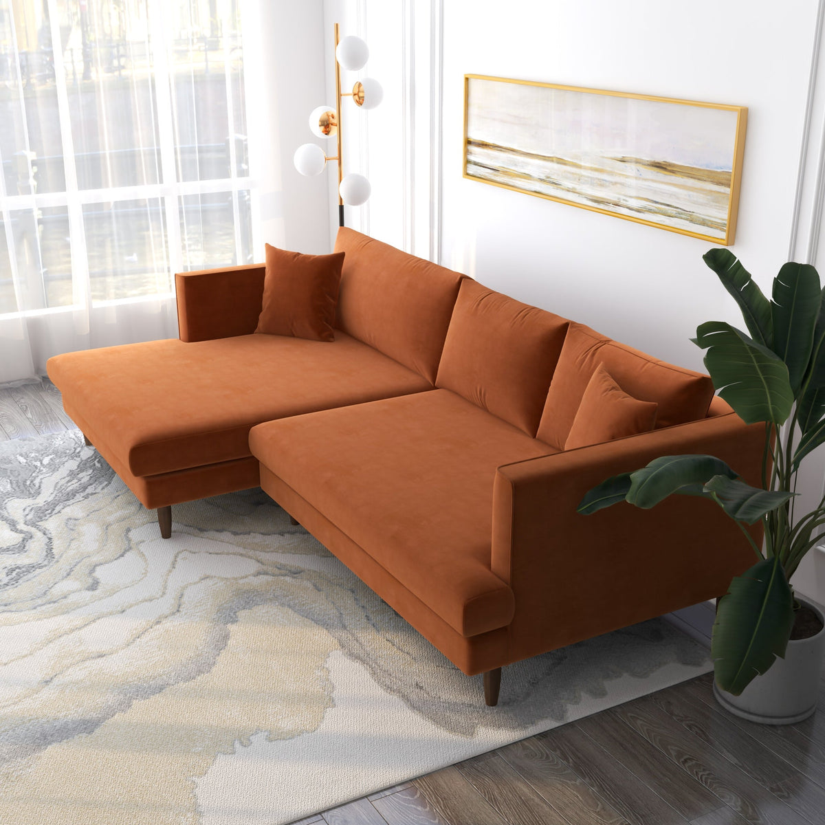 Delano Sectional Sofa (Burnt Orange Velvet - Left Facing Chaise)