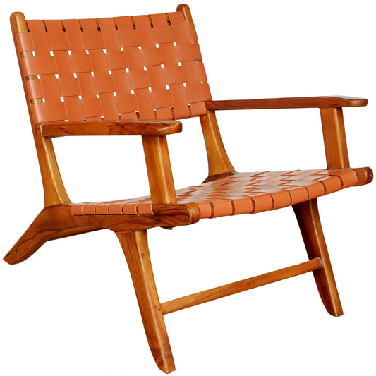 Lento Tan Strap Leather Teak Wood Lounge Chair