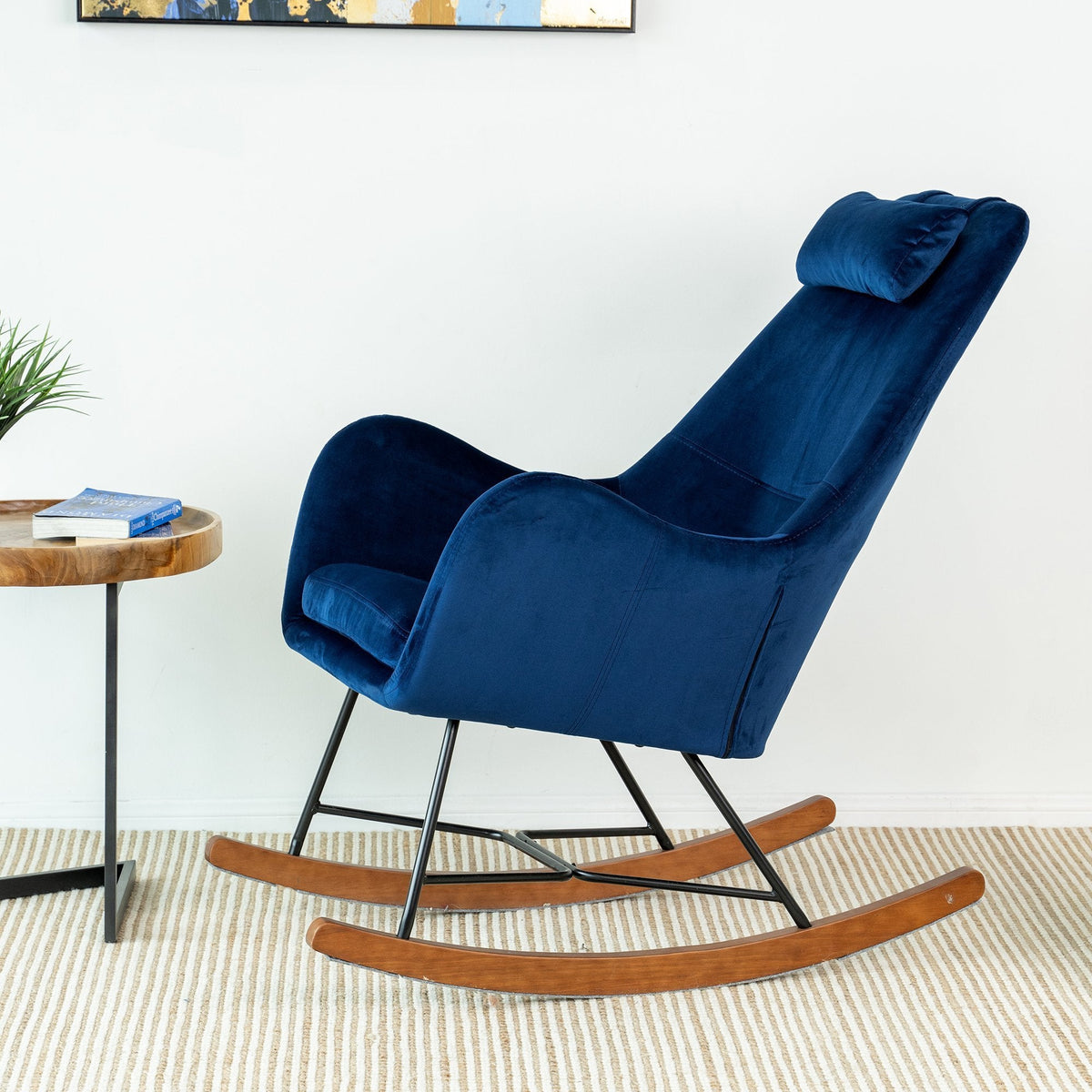 Rumi Blue Velvet Fabric Rocking Chair