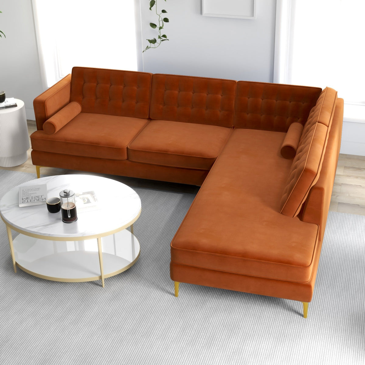 Caleb Sectional Sofa (Burnt Orange Velvet) Right Chaise