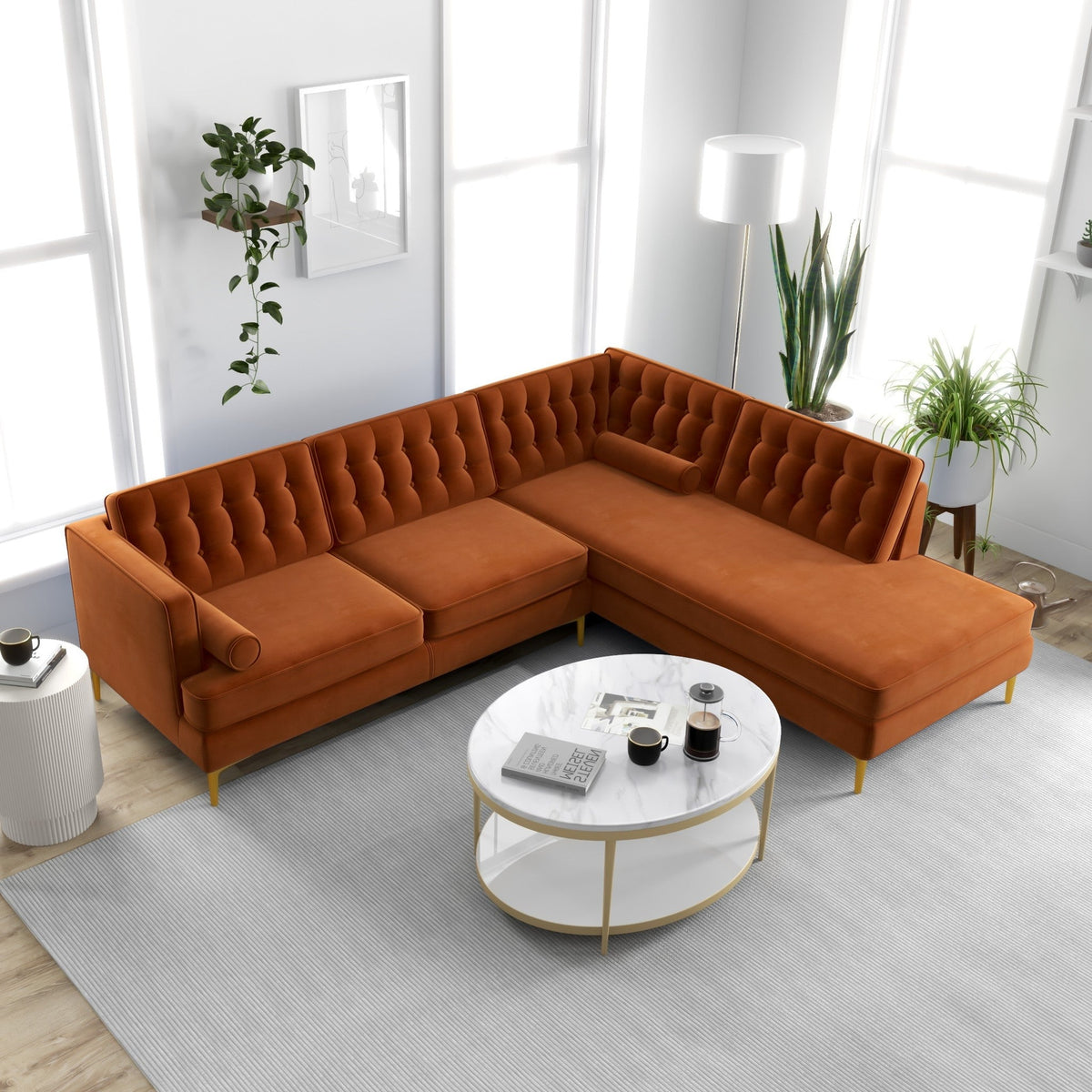 Caleb Sectional Sofa (Burnt Orange Velvet) Right Chaise