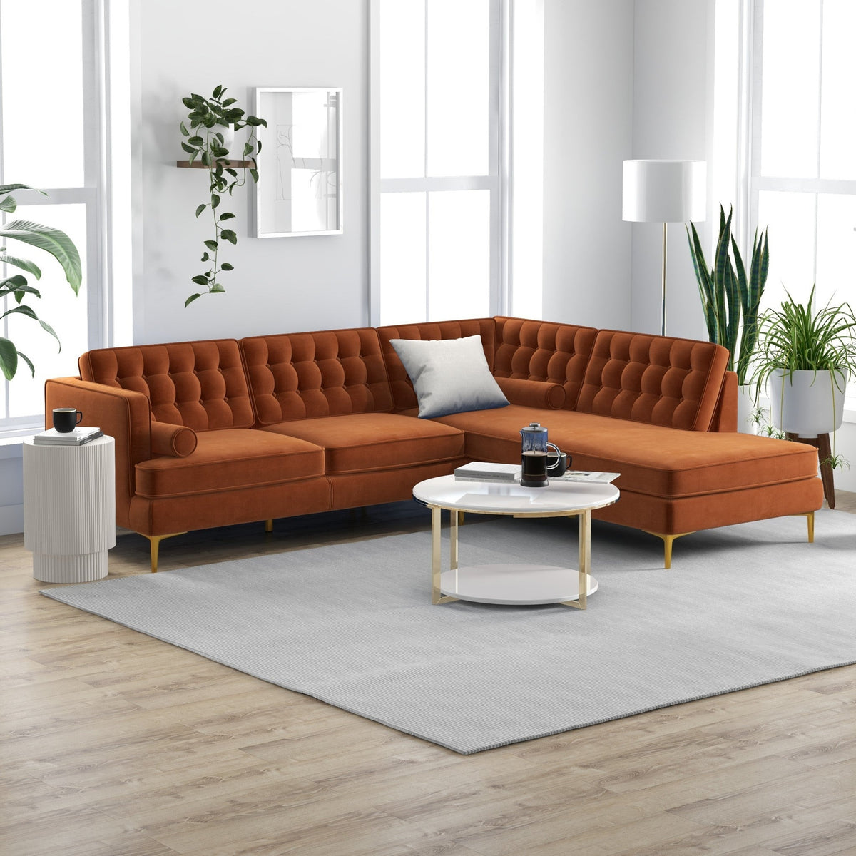 Caleb Sectional Sofa (Burnt Orange Velvet) Right Chaise