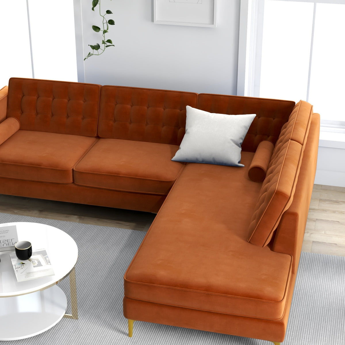 Caleb Sectional Sofa (Burnt Orange Velvet) Right Chaise