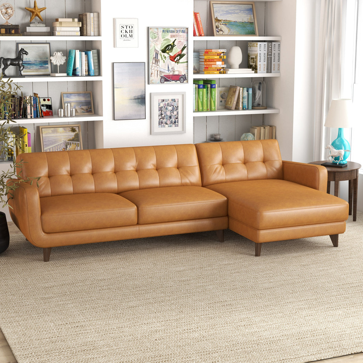 Cassie Tan Leather Sectional Sofa Right Facing Chaise