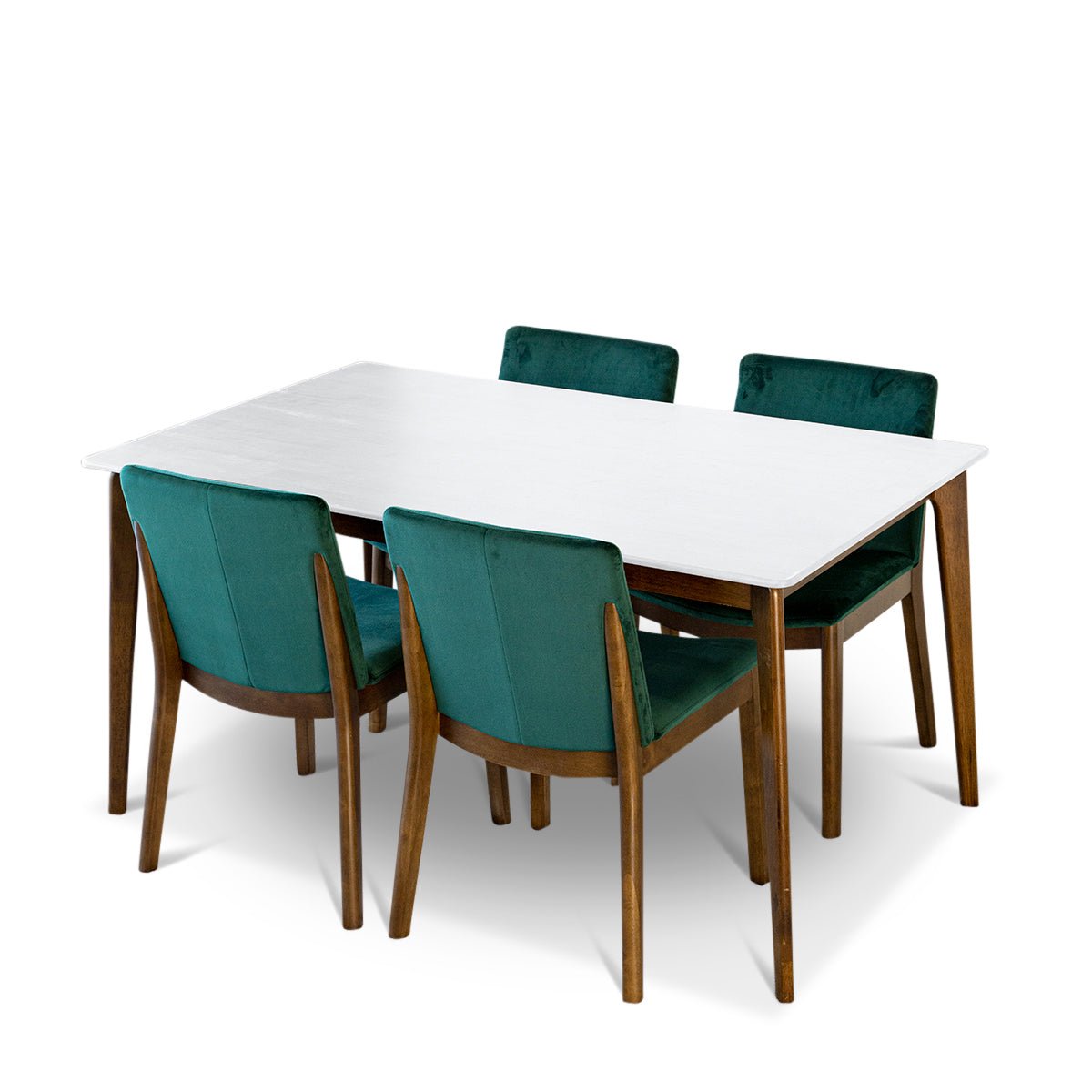 Selena (White) Dining Set With 4 Virginia (Green Velvet) Dining Chairs