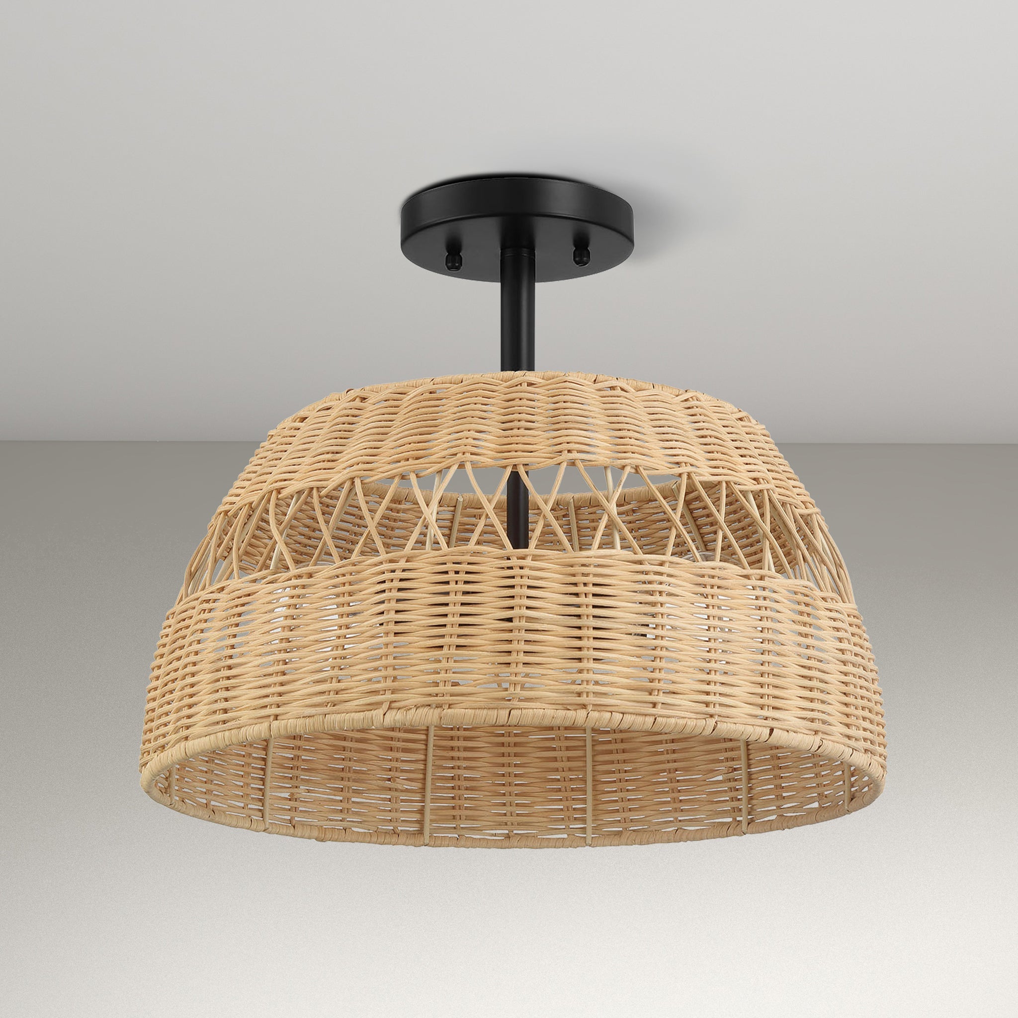Twinkle Double Lights Semi Flush With Rattan Shade Black Metal Finish for Farmhouse Style