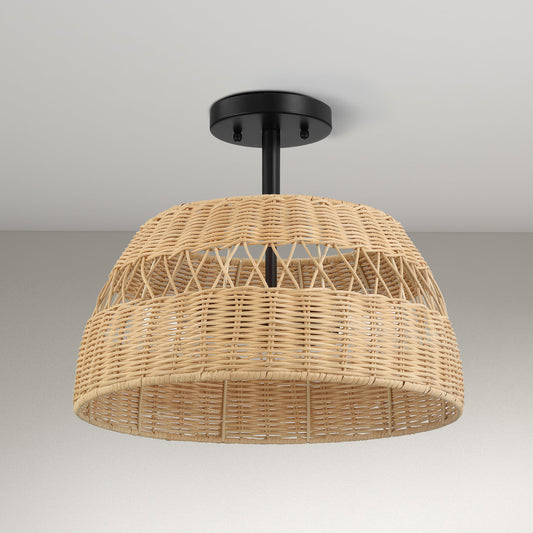 Twinkle Double Lights Semi Flush With Rattan Shade Black Metal Finish for Farmhouse Style