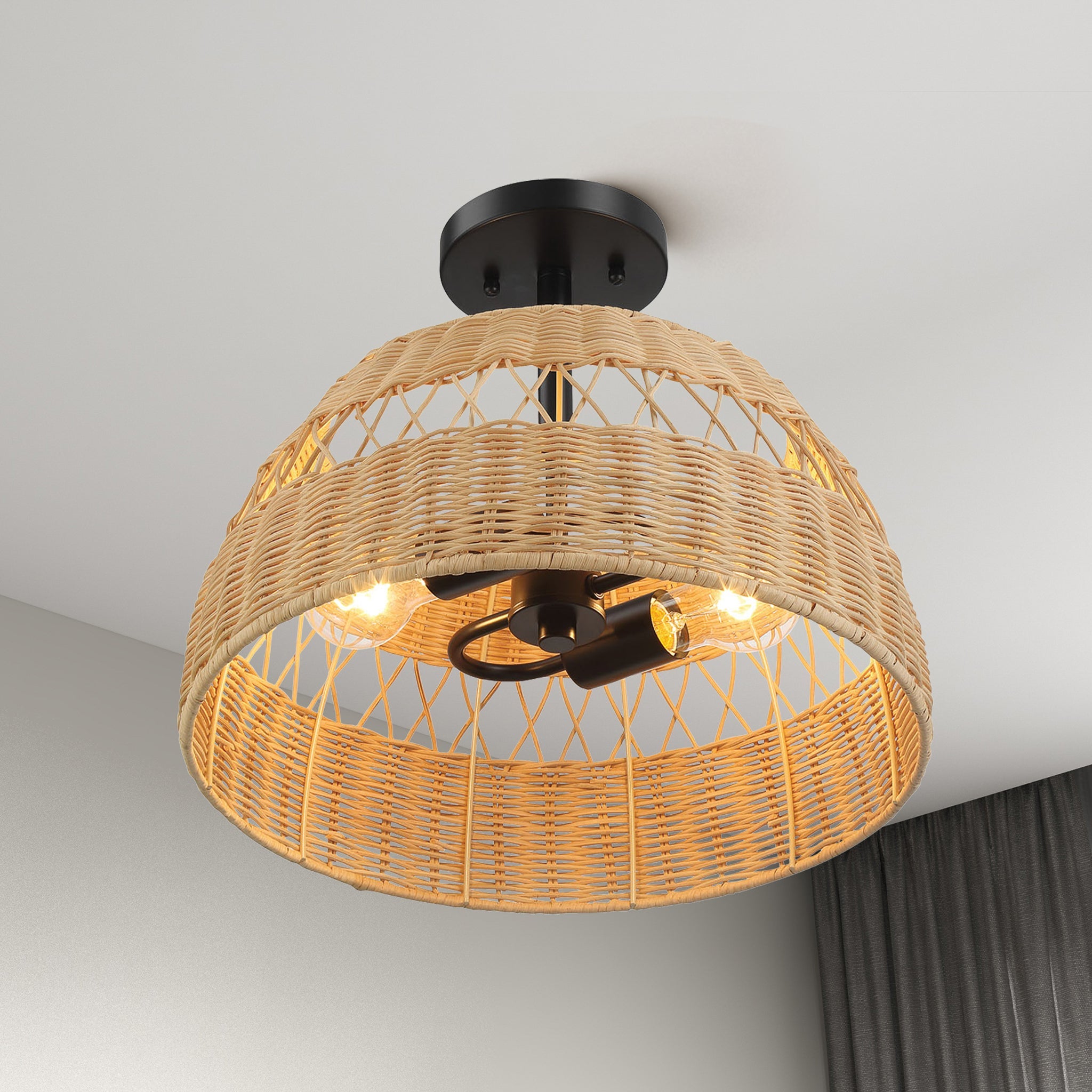 Twinkle Double Lights Semi Flush With Rattan Shade Black Metal Finish for Farmhouse Style