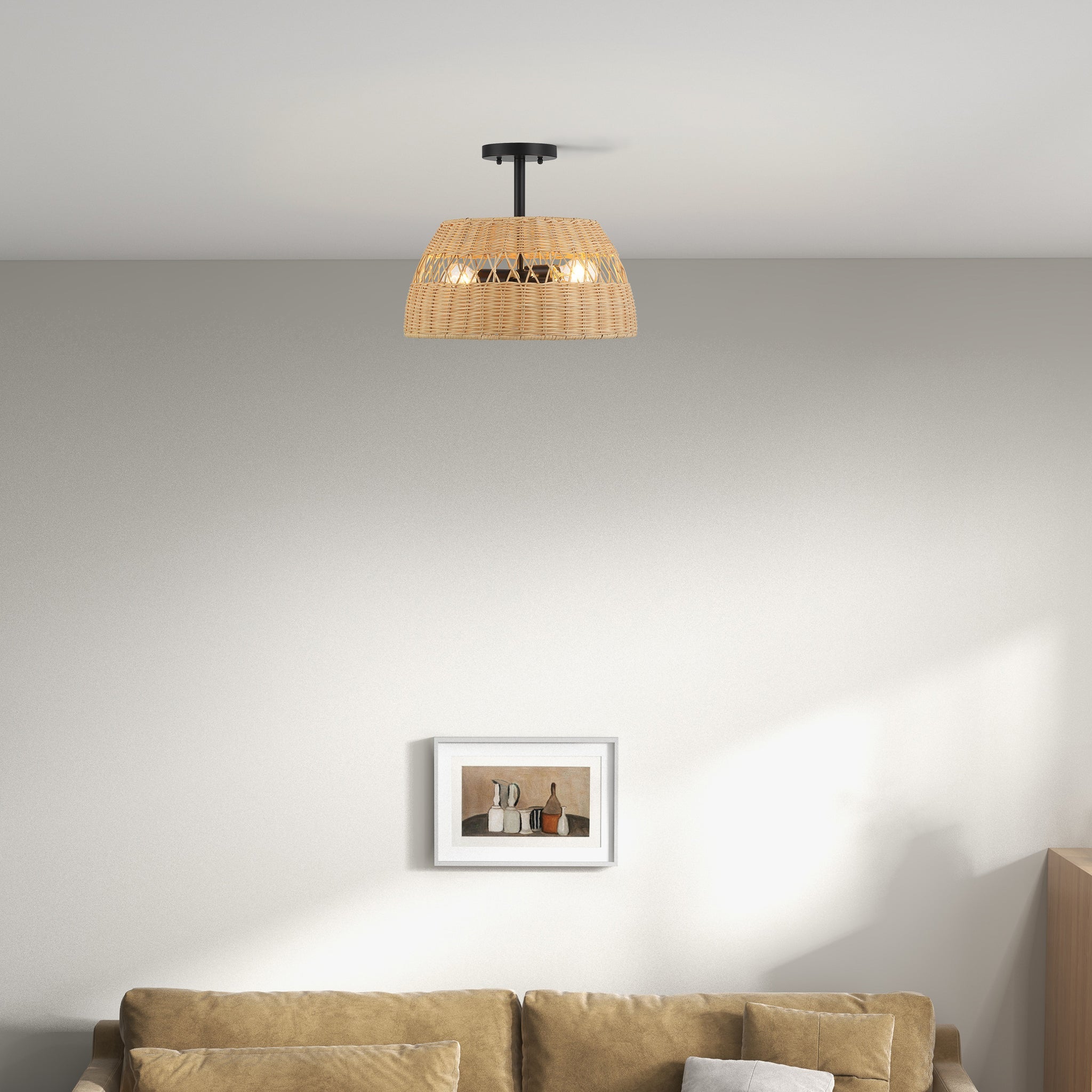 Twinkle Double Lights Semi Flush With Rattan Shade Black Metal Finish for Farmhouse Style