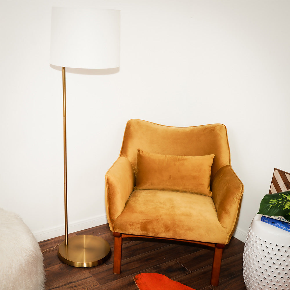 Zenith Offset Brass Base Floor Lamp with Drum-shaped Linen Shade