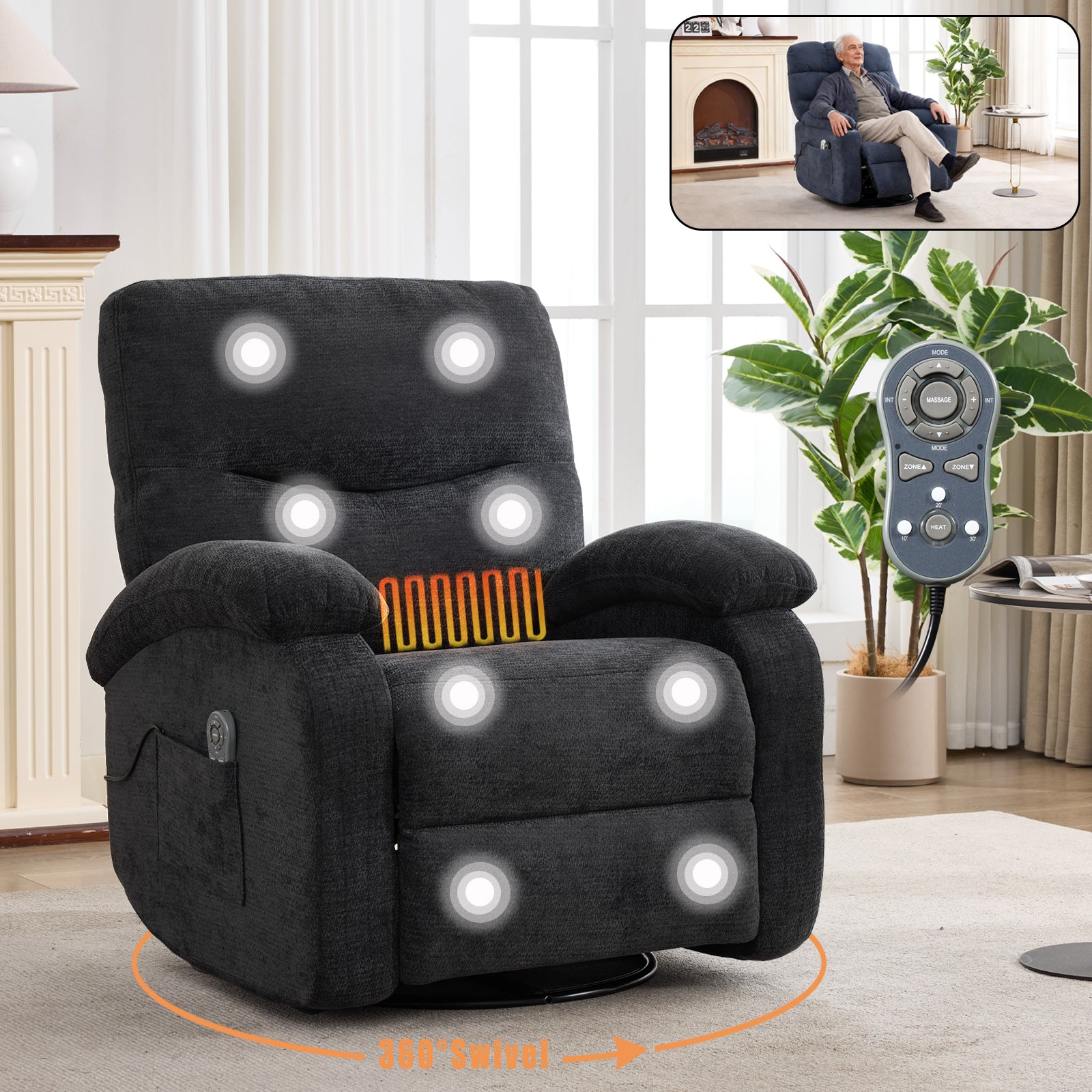Hot massage manual lounge chair, with rocker arms and rotating fabric, with cup bucket, for living room, dark grey
