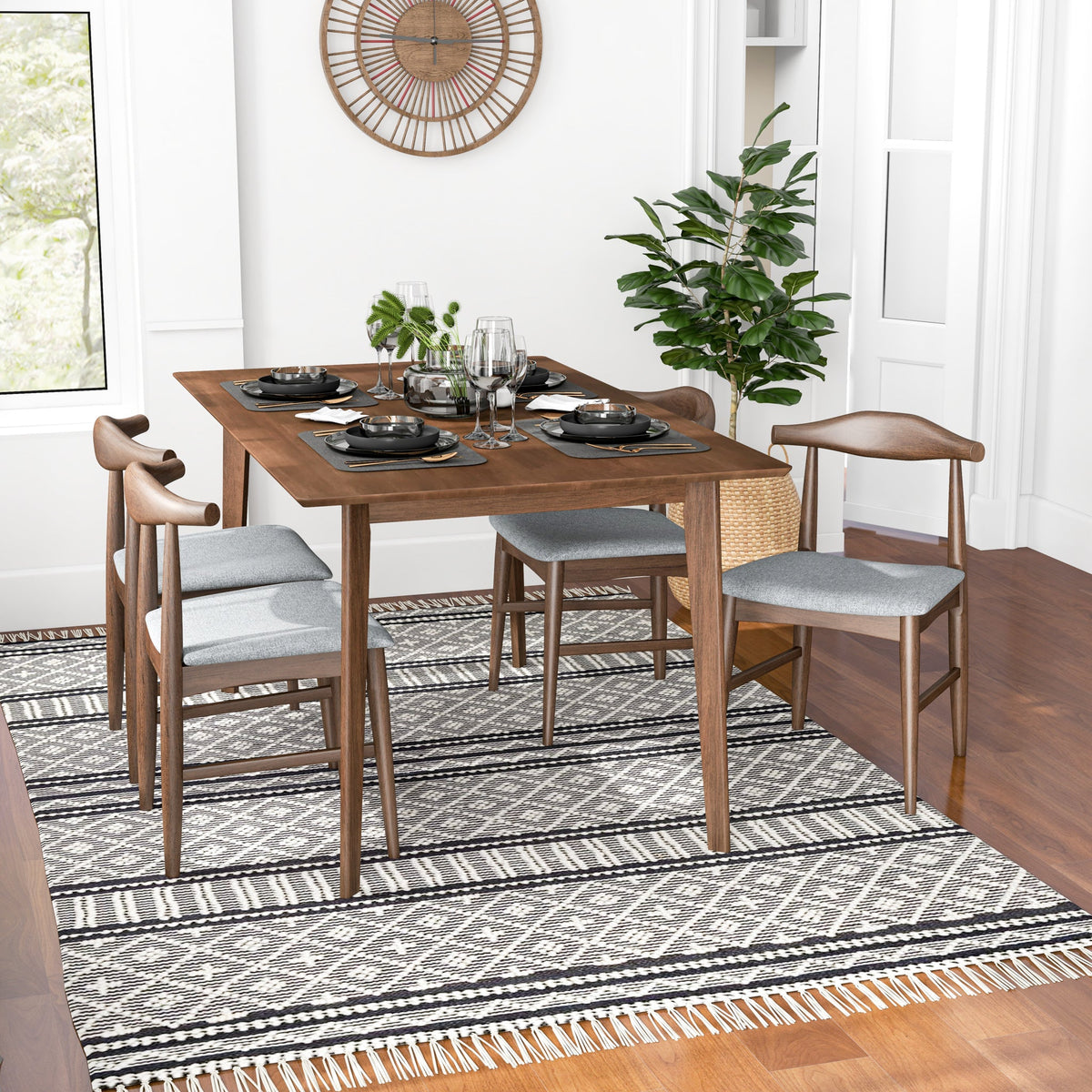 Abbott Large Walnut Dining Set With 4 Winston Gray Fabric Chairs