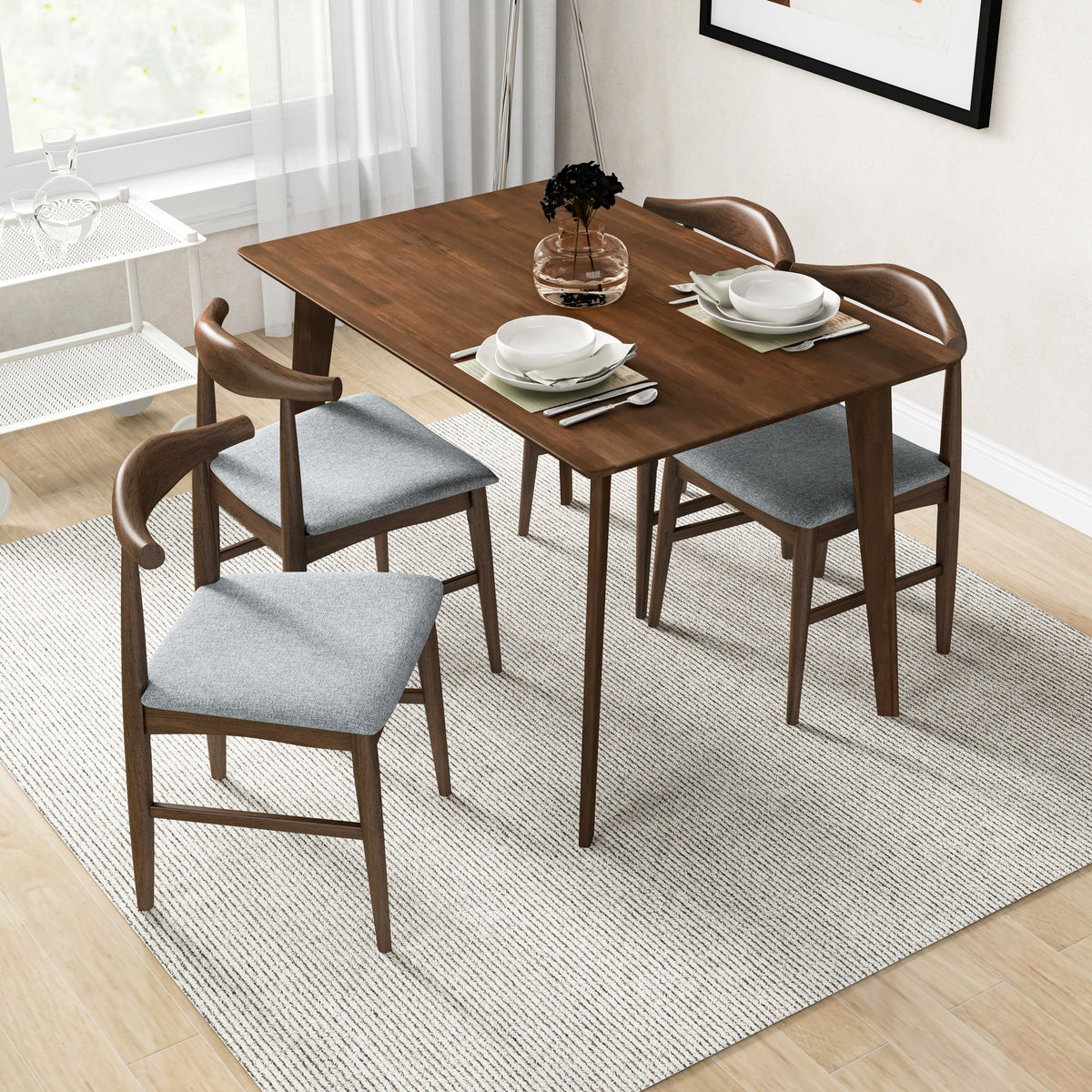 Dining Set, Abbott Small Table (Walnut) With 4 Winston Gray Fabric Chairs