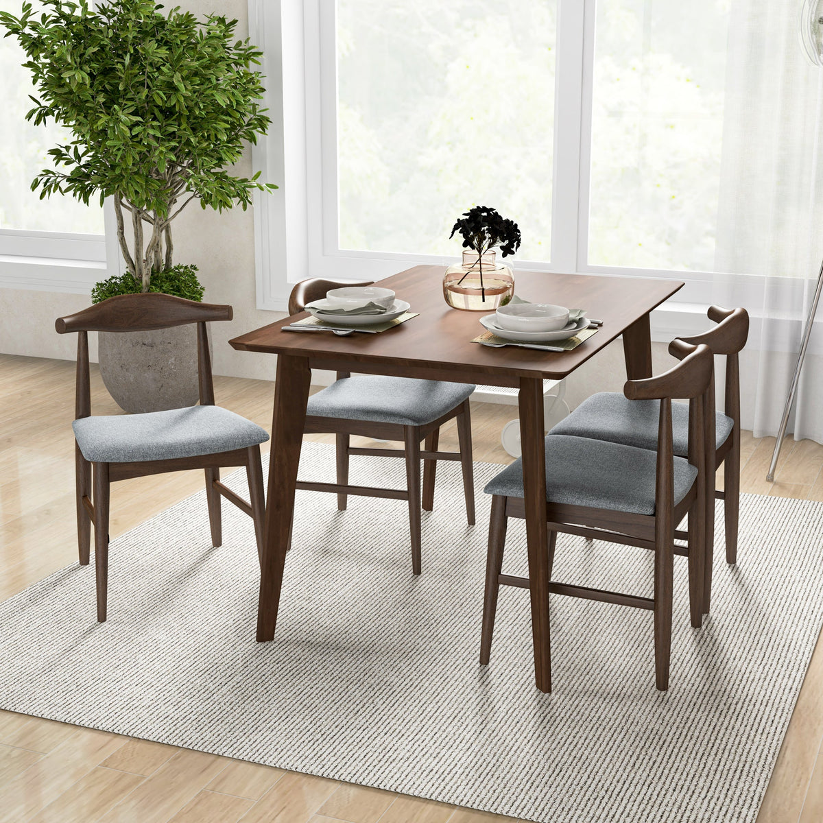 Dining Set, Abbott Small Table (Walnut) With 4 Winston Gray Fabric Chairs