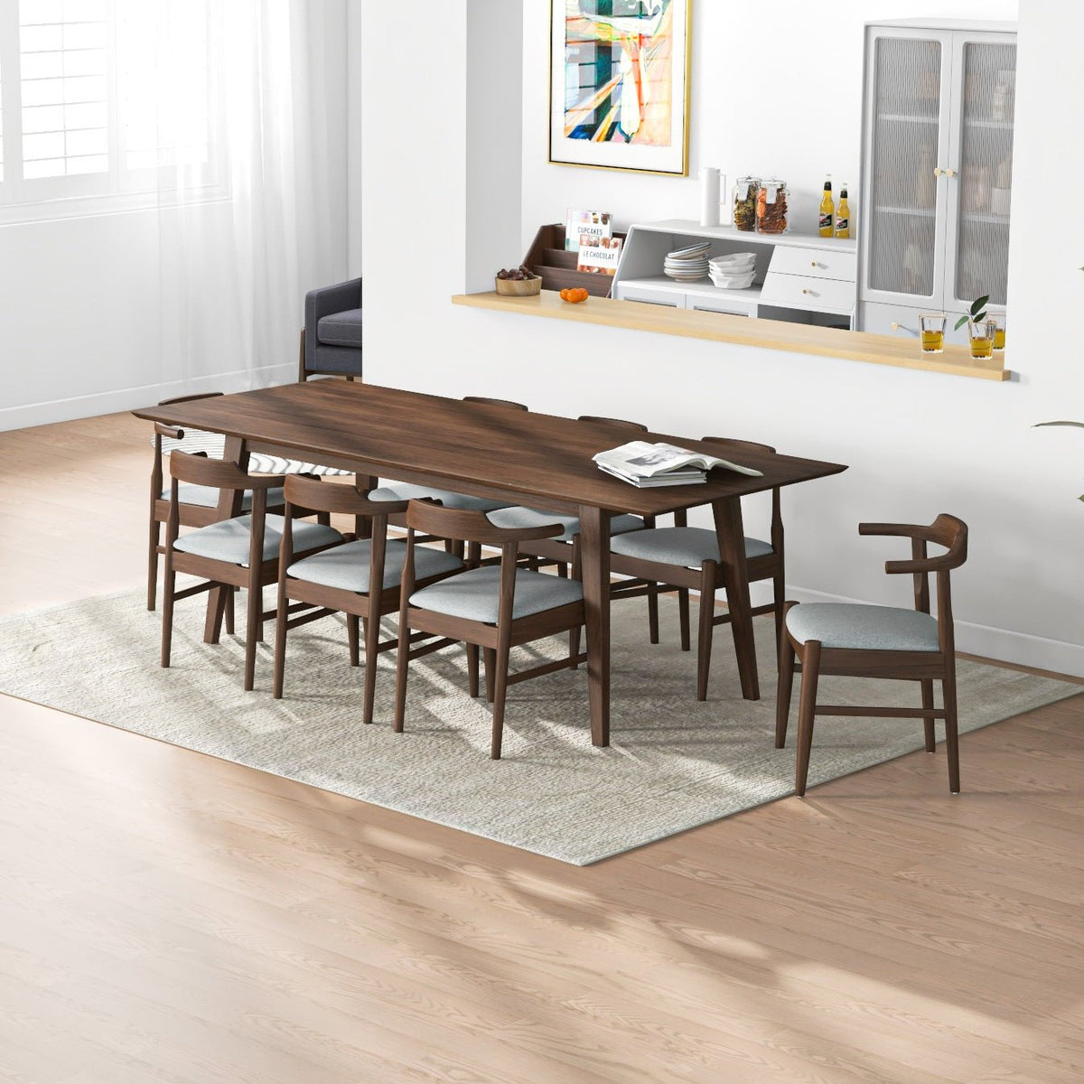 Adira Xlarge Walnut Dining Set With 8 Zola Grey Dining Chairs