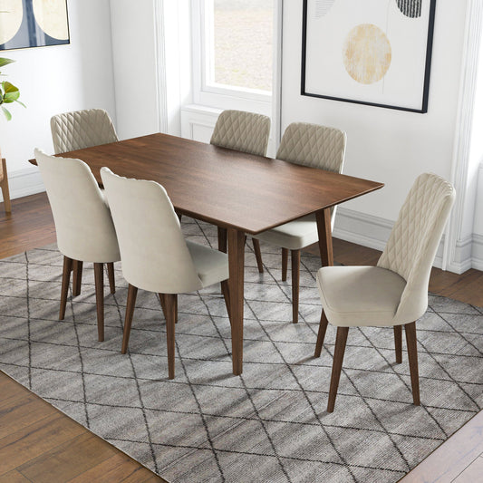 Adira Large Walnut Dining Set With 6 Evette Beige Velvet Dining Chairs