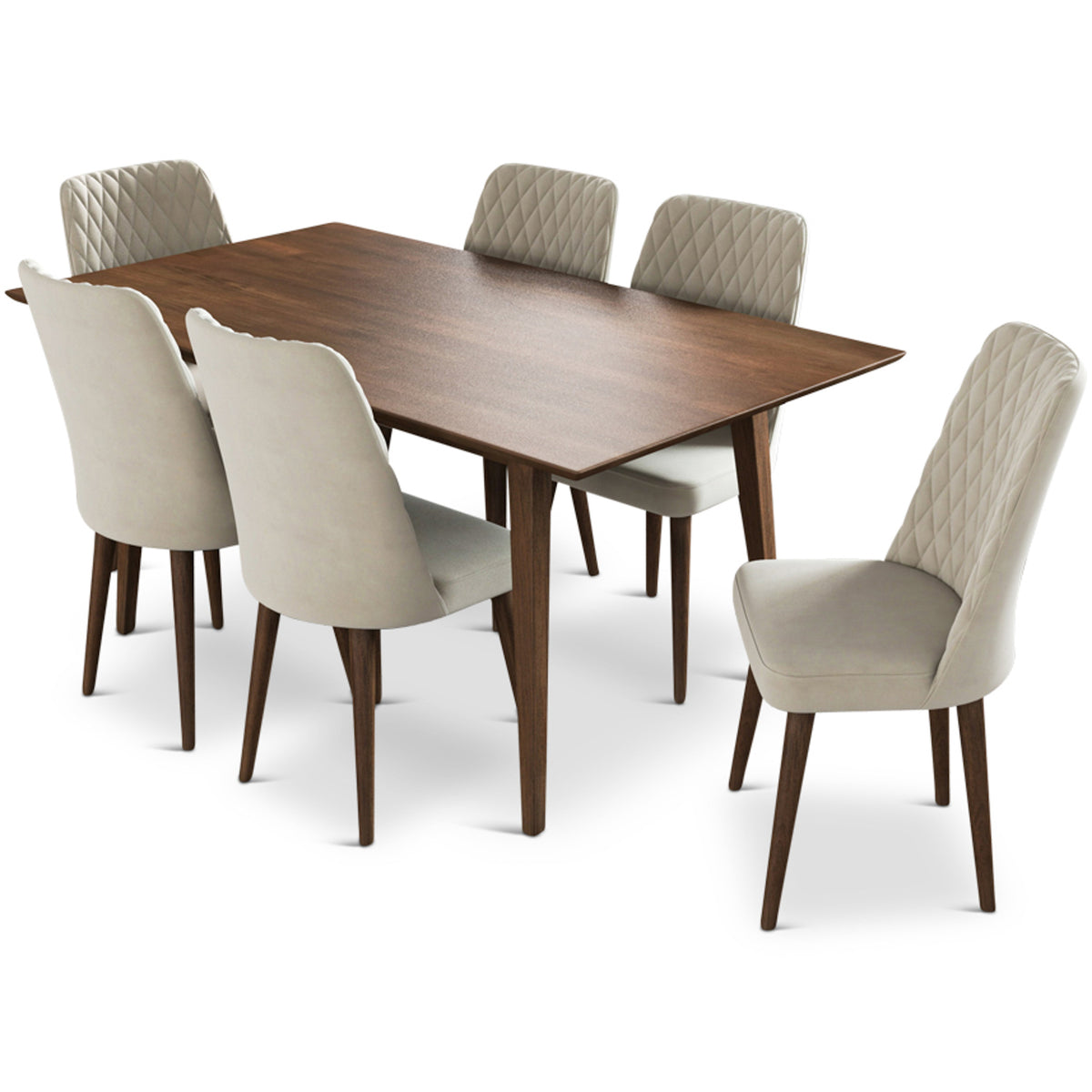 Adira Large Walnut Dining Set With 6 Evette Beige Velvet Dining Chairs