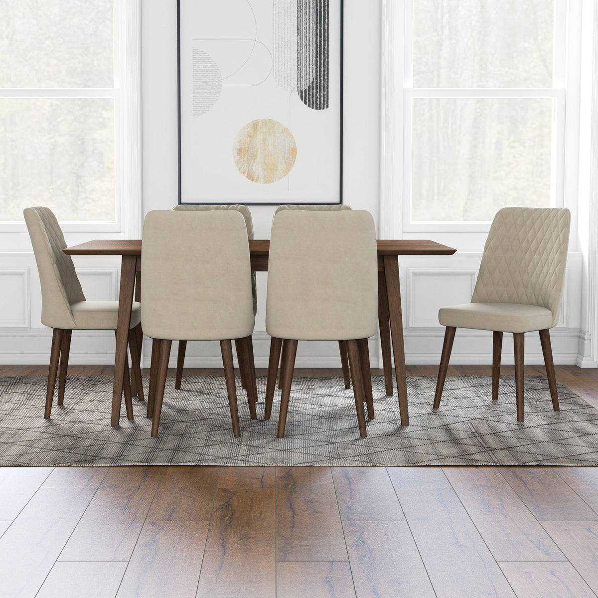 Adira Large Walnut Dining Set With 6 Evette Beige Velvet Dining Chairs