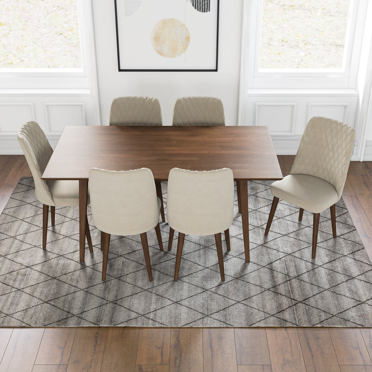 Adira Large Walnut Dining Set With 6 Evette Beige Velvet Dining Chairs