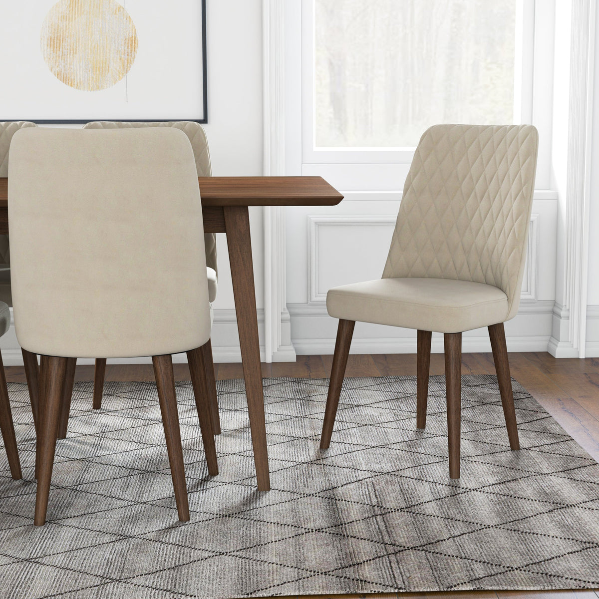 Adira Large Walnut Dining Set With 6 Evette Beige Velvet Dining Chairs