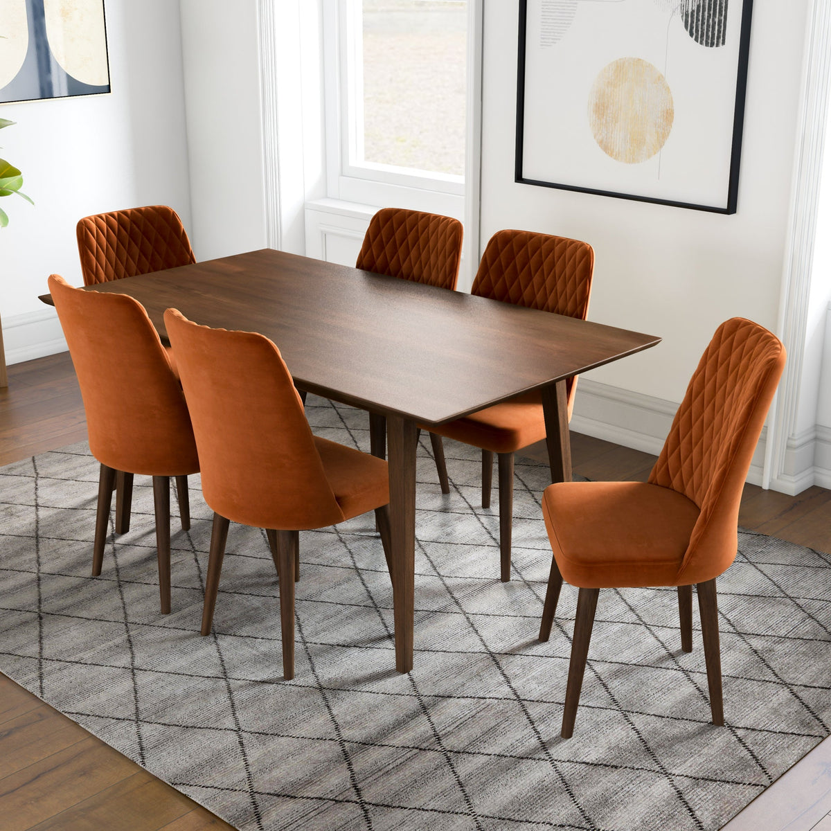 Adira Large Walnut Dining Set With 6 Evette Burnt Orange Velvet Dining Chairs