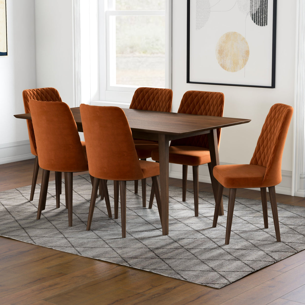 Adira Large Walnut Dining Set With 6 Evette Burnt Orange Velvet Dining Chairs