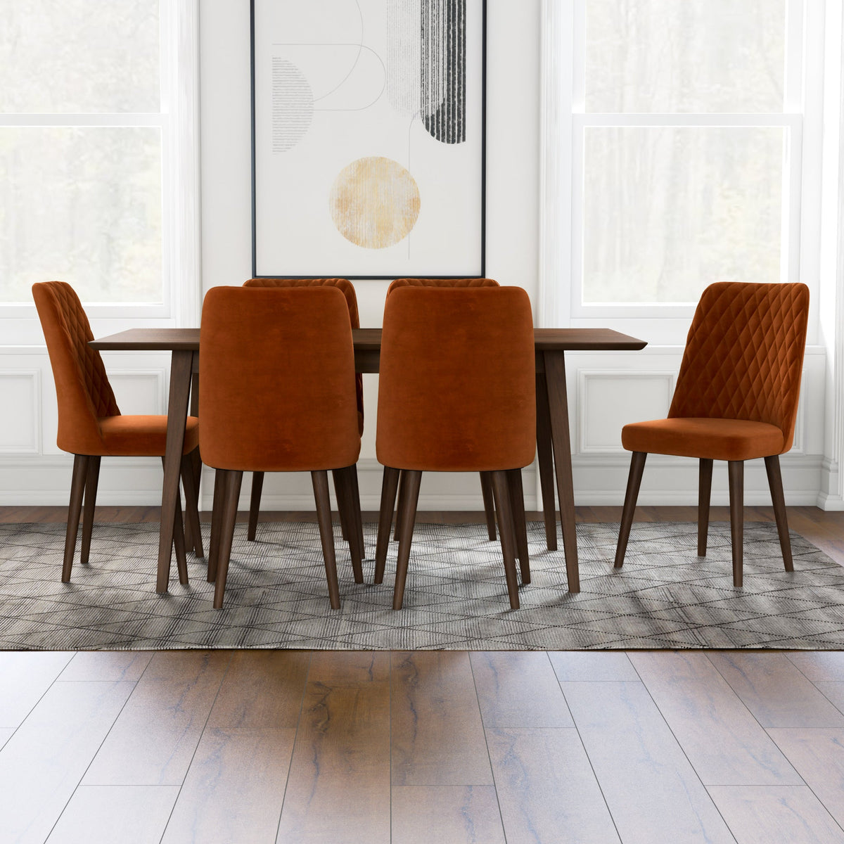 Adira Large Walnut Dining Set With 6 Evette Burnt Orange Velvet Dining Chairs