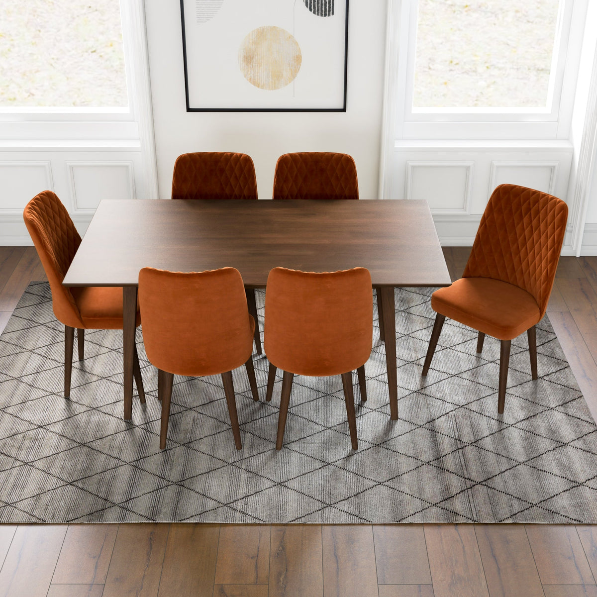 Adira Large Walnut Dining Set With 6 Evette Burnt Orange Velvet Dining Chairs