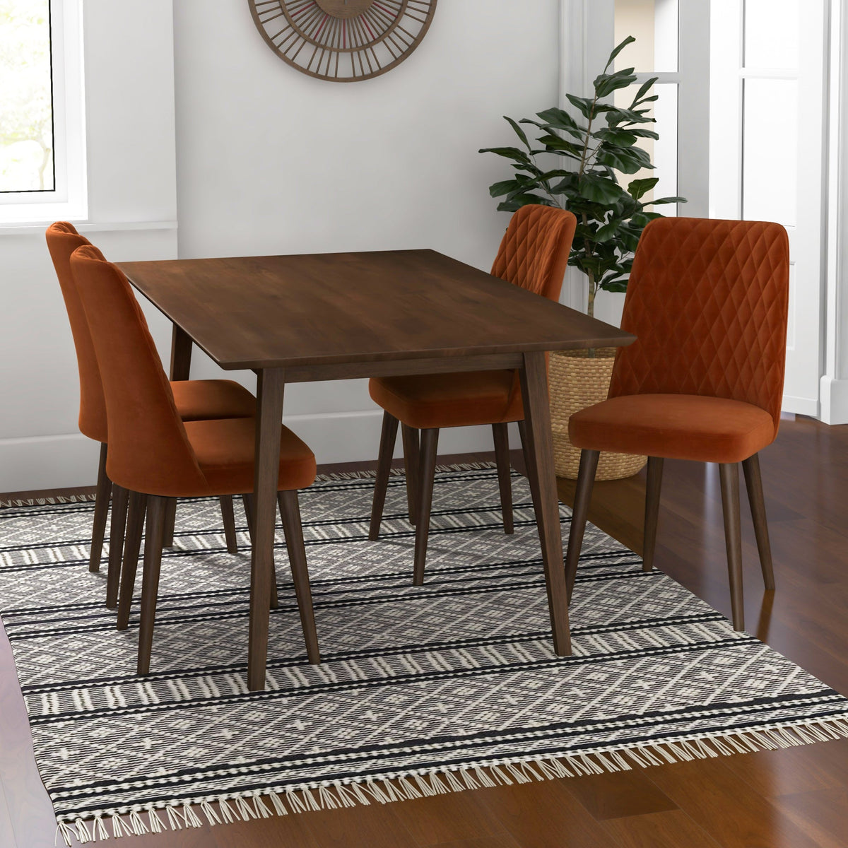 Adira (Large - Walnut) Dining Set With 4 Evette (Burnt Orange Velvet) Dining Chairs