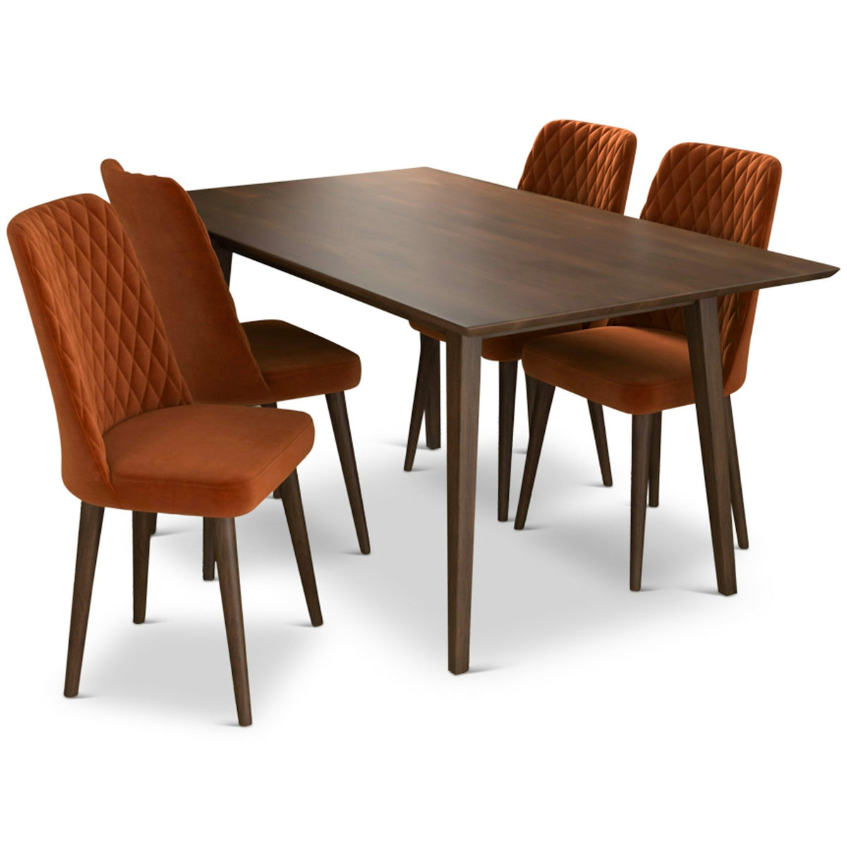 Adira (Large - Walnut) Dining Set With 4 Evette (Burnt Orange Velvet) Dining Chairs