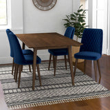 Adira (Large - Walnut) Dining Set With 4 Evette (Blue Velvet) Dining Chairs