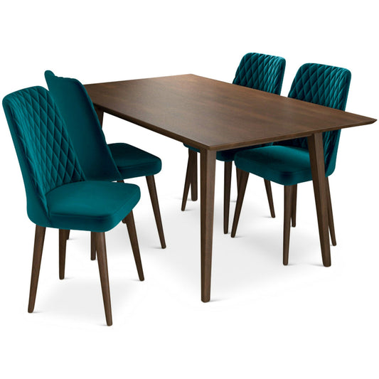 Adira (Large - Walnut) Dining Set With 4 Evette (Teal Velvet) Dining Chairs