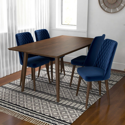 Adira (Large - Walnut) Dining Set With 4 Evette (Blue Velvet) Dining Chairs