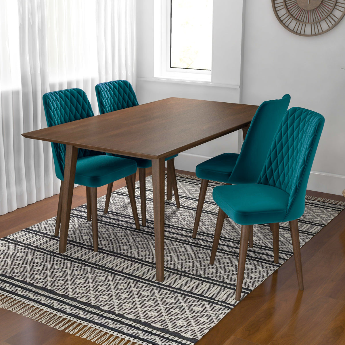 Adira (Large - Walnut) Dining Set With 4 Evette (Teal Velvet) Dining Chairs