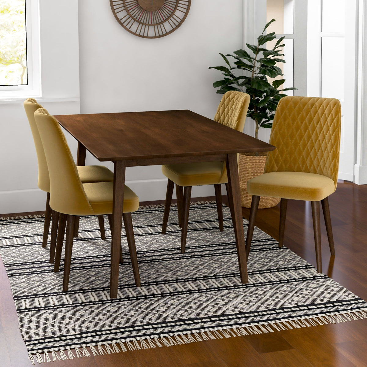 Adira (Large - Walnut) Dining Set With 4 Evette (Gold Velvet) Dining Chairs