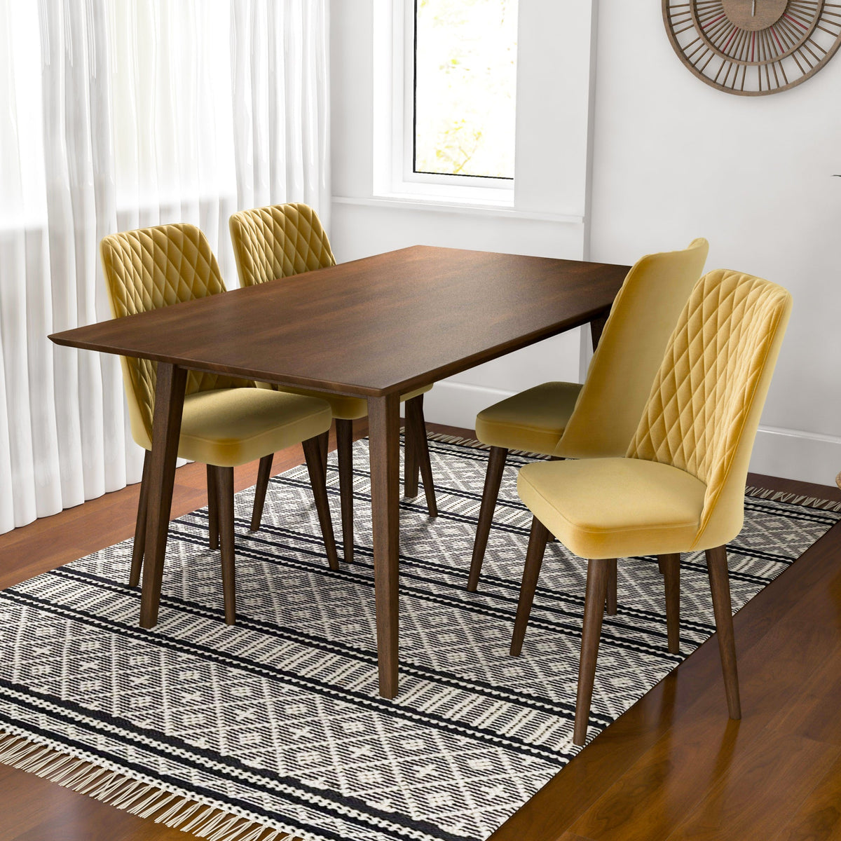 Adira (Large - Walnut) Dining Set With 4 Evette (Gold Velvet) Dining Chairs