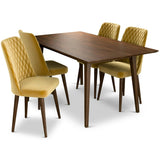 Adira (Large - Walnut) Dining Set With 4 Evette (Gold Velvet) Dining Chairs