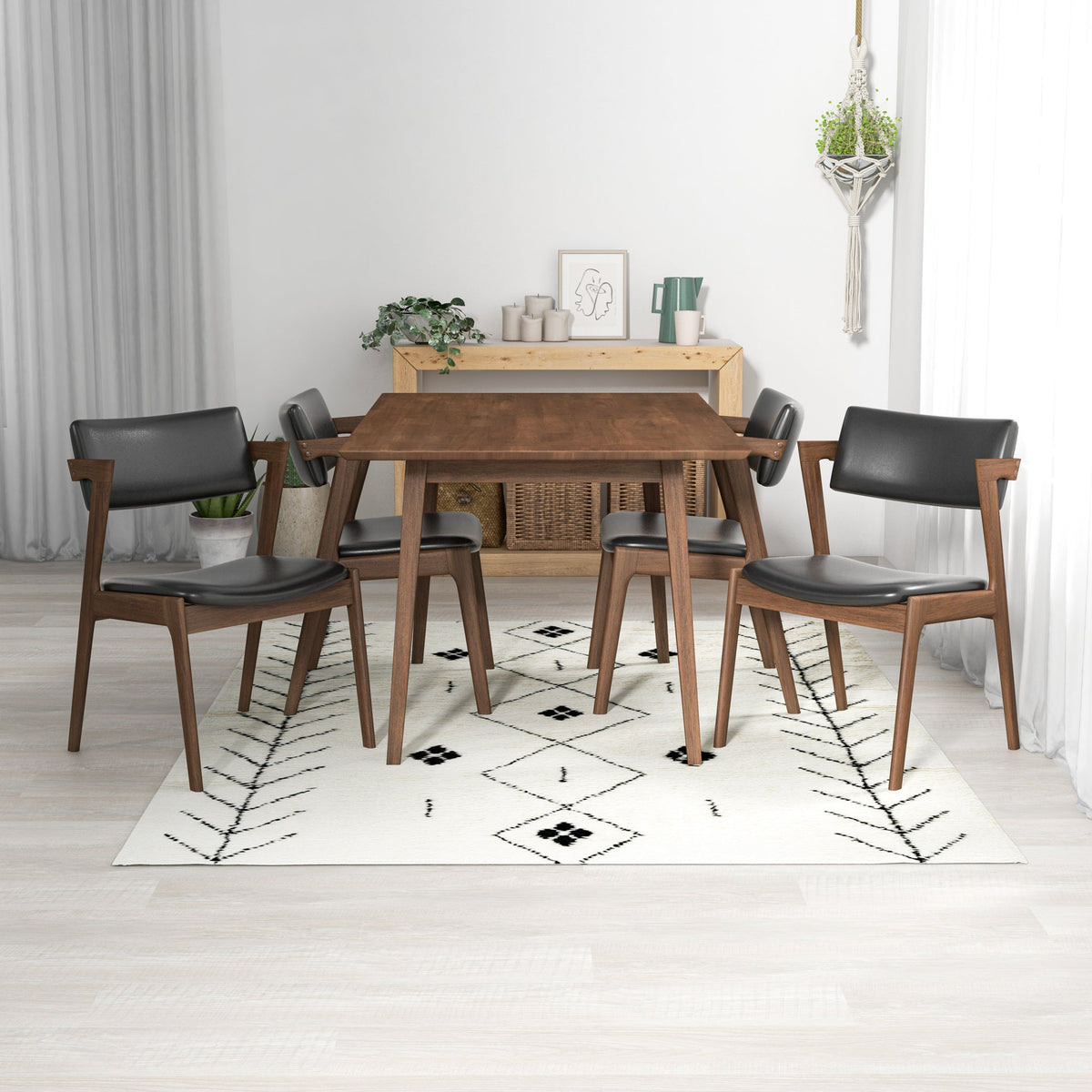 Adira (Small - Walnut) Dining Set With 4 Ricco (Black Leather) Dining Chairs