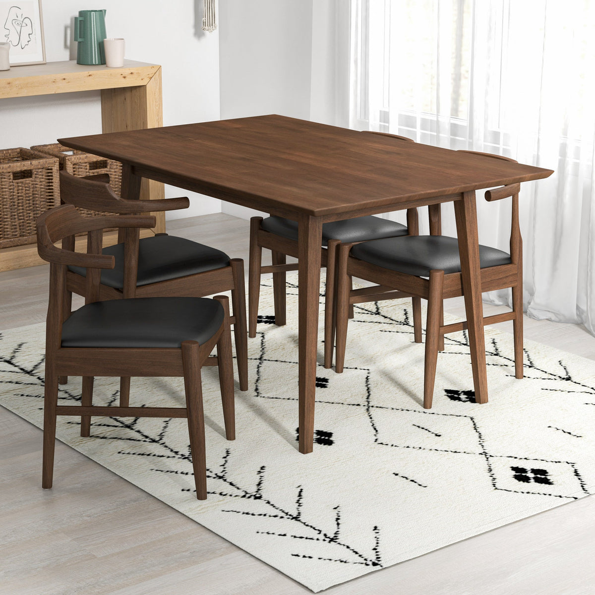 Adira (Small - Walnut) Dining Set With 4 Zola (Black Leather) Dining Chairs