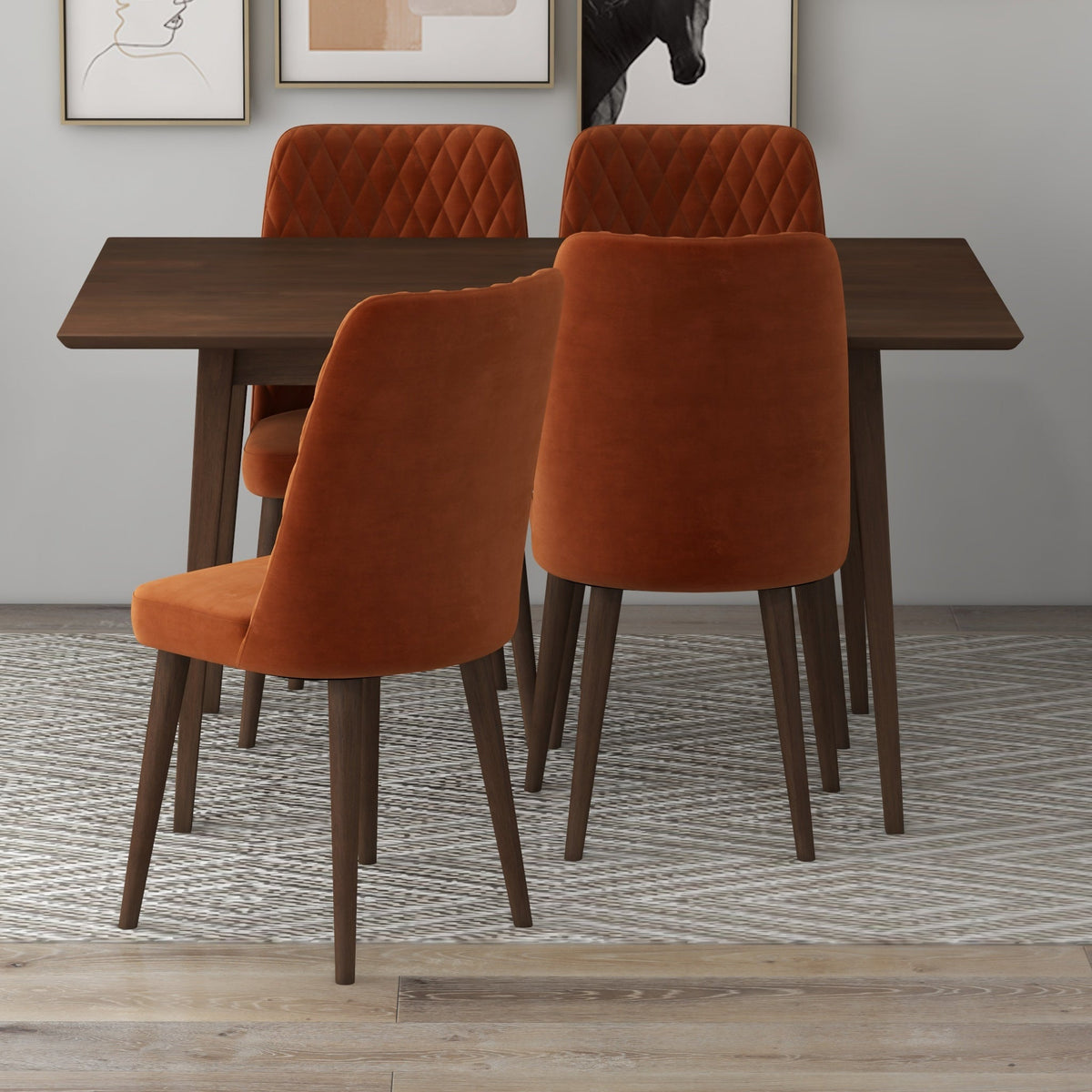 Adira (Small - Walnut) Dining Set With 4 Evette (Burnt Orange Velvet) Dining Chairs