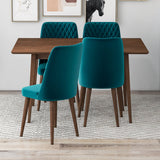 Adira (Small - Walnut) Dining Set With 4 Evette (Teal Velvet) Dining Chairs