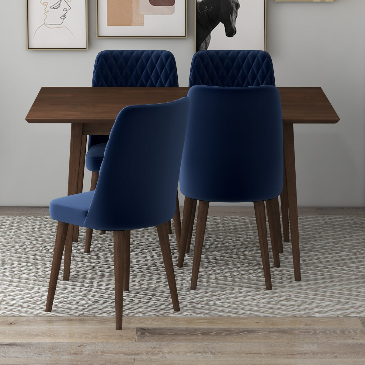 Adira (Small - Walnut) Dining Set With 4 Evette (Blue Velvet) Dining Chairs