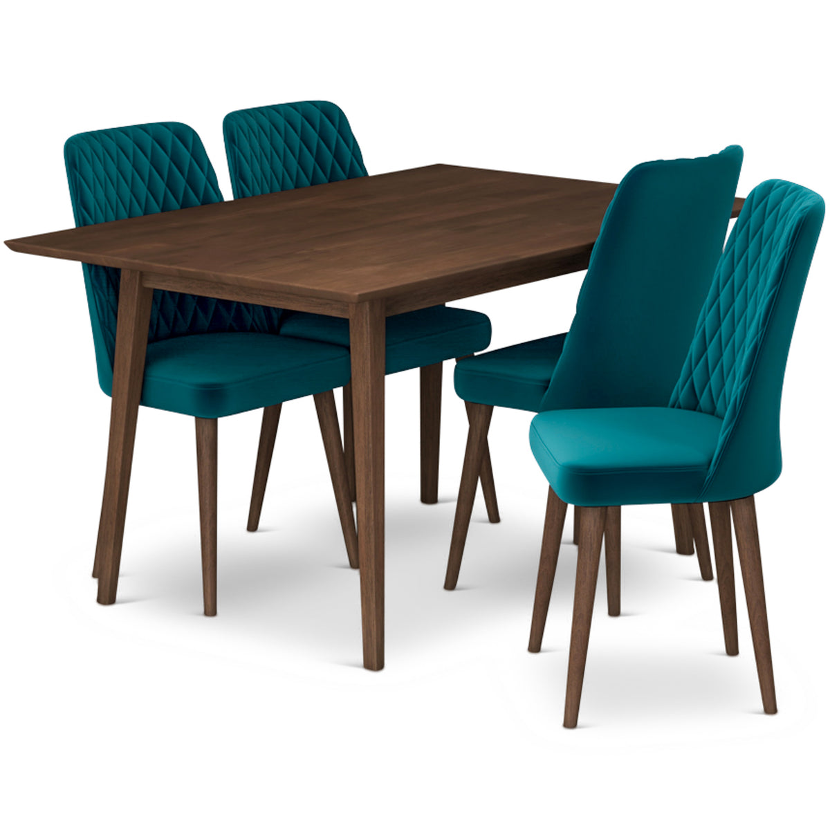 Adira (Small - Walnut) Dining Set With 4 Evette (Teal Velvet) Dining Chairs