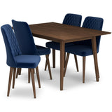 Adira (Small - Walnut) Dining Set With 4 Evette (Blue Velvet) Dining Chairs