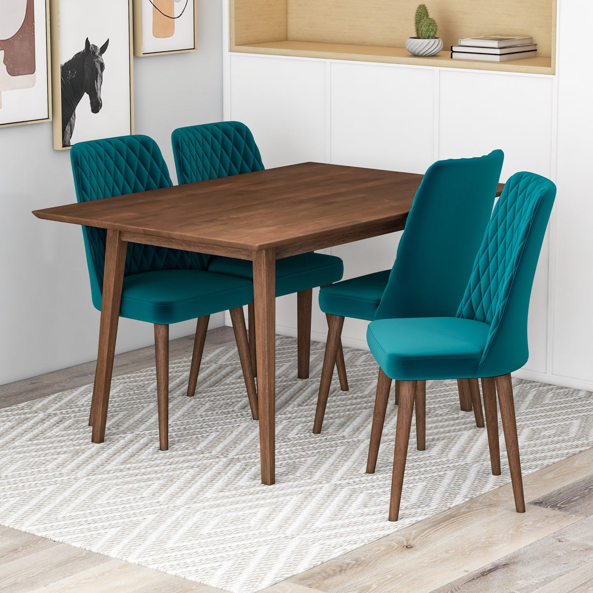 Adira (Small - Walnut) Dining Set With 4 Evette (Teal Velvet) Dining Chairs