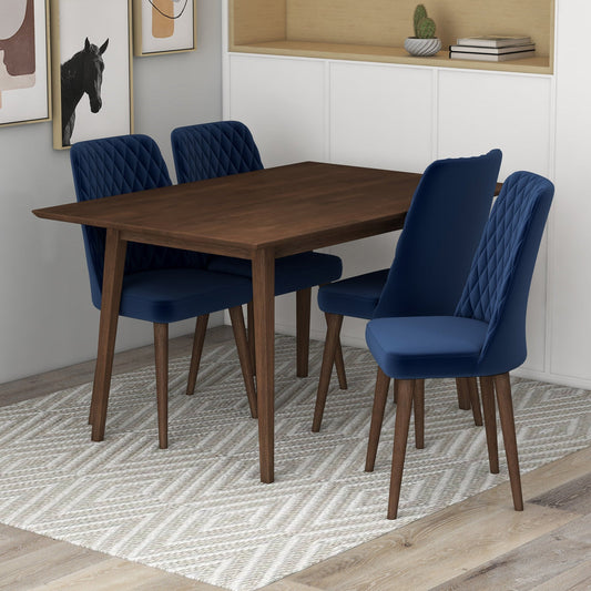 Adira (Small - Walnut) Dining Set With 4 Evette (Blue Velvet) Dining Chairs