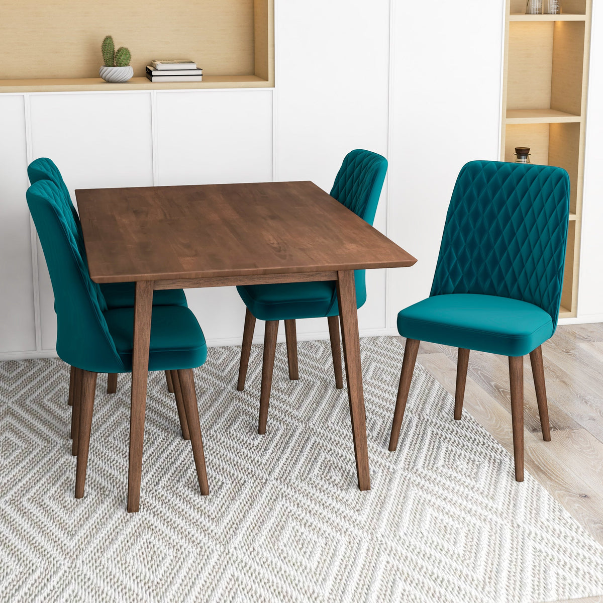 Adira (Small - Walnut) Dining Set With 4 Evette (Teal Velvet) Dining Chairs