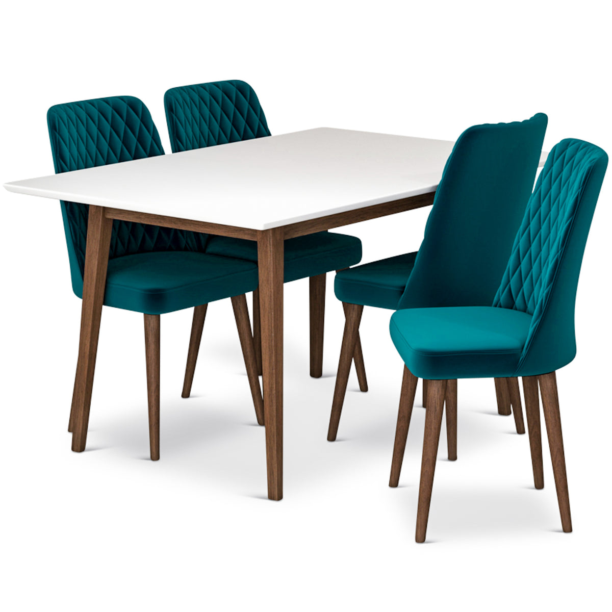 Adira (Small - White) Dining Set With 4 Evette (Teal Velvet) Dining Chairs