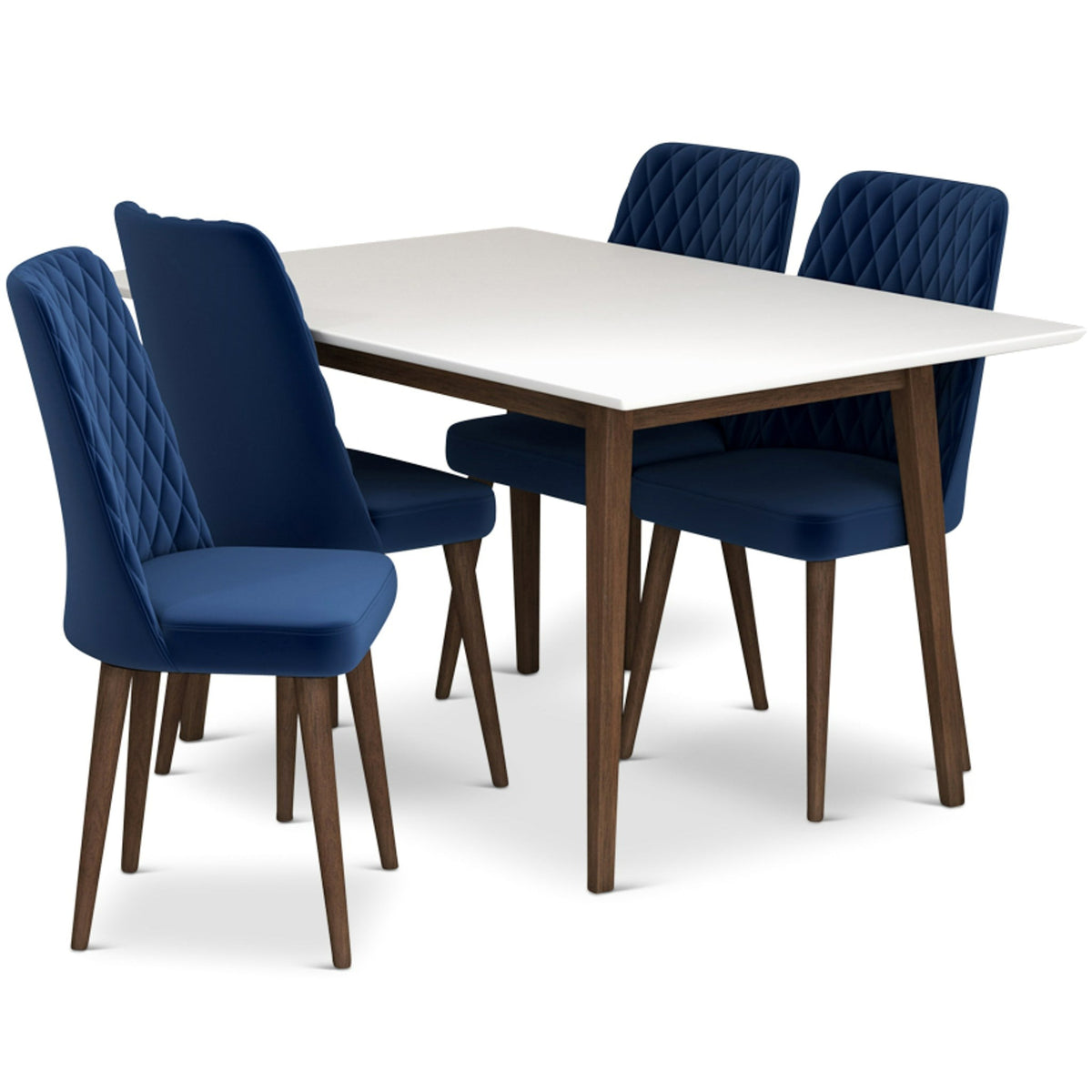 Adira (Small - White) Dining Set With 4 Evette (Blue Velvet) Dining Chairs